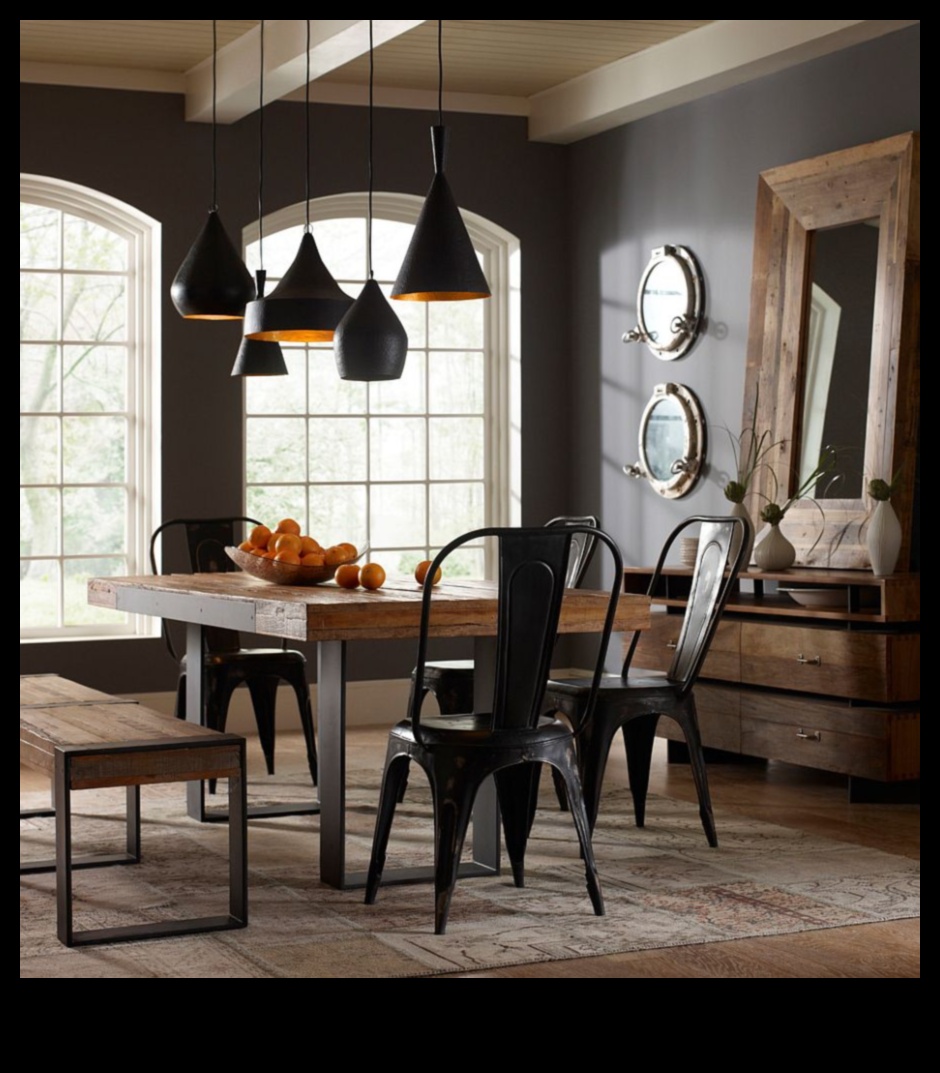Industriālās ēdamistabas dekors Mūsdienīgs lauku stila klasisks 4 Industriālās elegantās ēdamistabas dekoru idejas