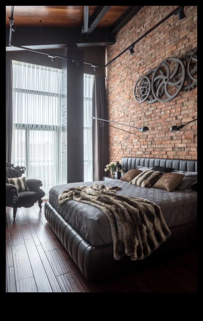 Industriāli elegants guļamistabas dekors
