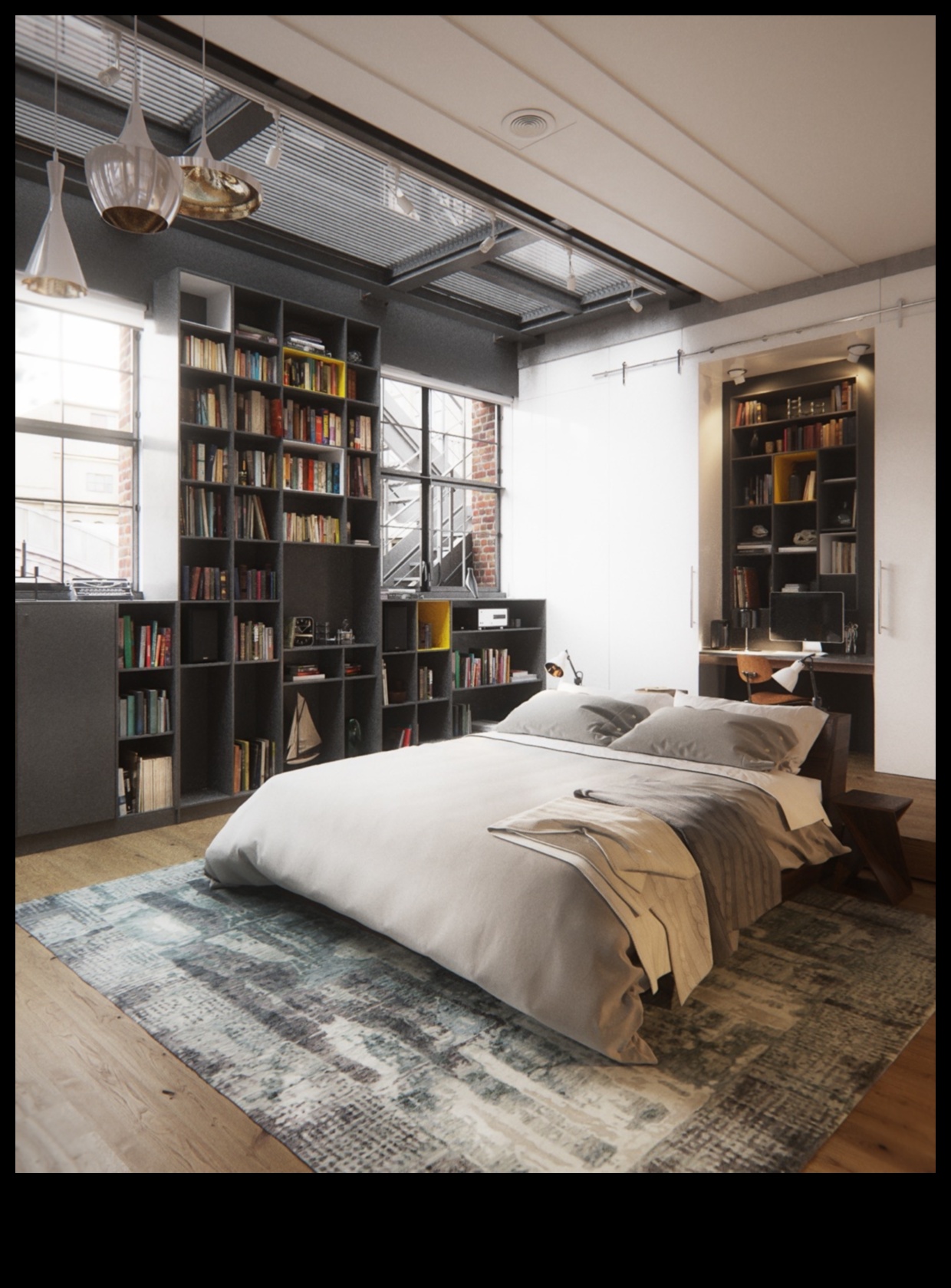 Industriāli elegants guļamistabas dekors