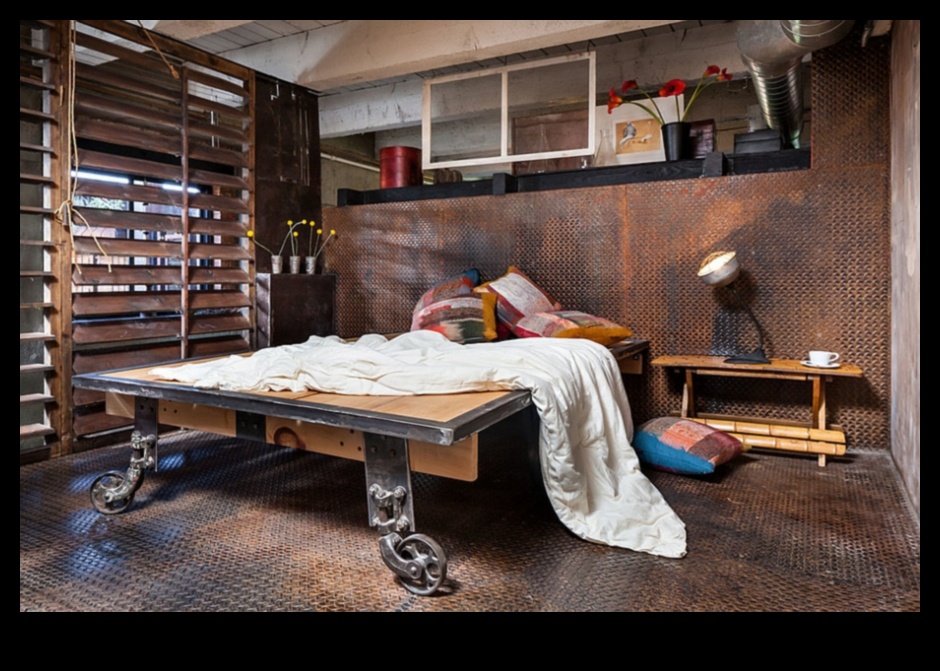 Vintage industriālas guļamistabas dekoru idejas ar steampunk akcentiem